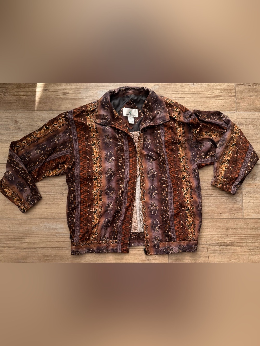 Erin London Women’s 100% Silk Bomber Jacket Brown Baroque Print Size Large